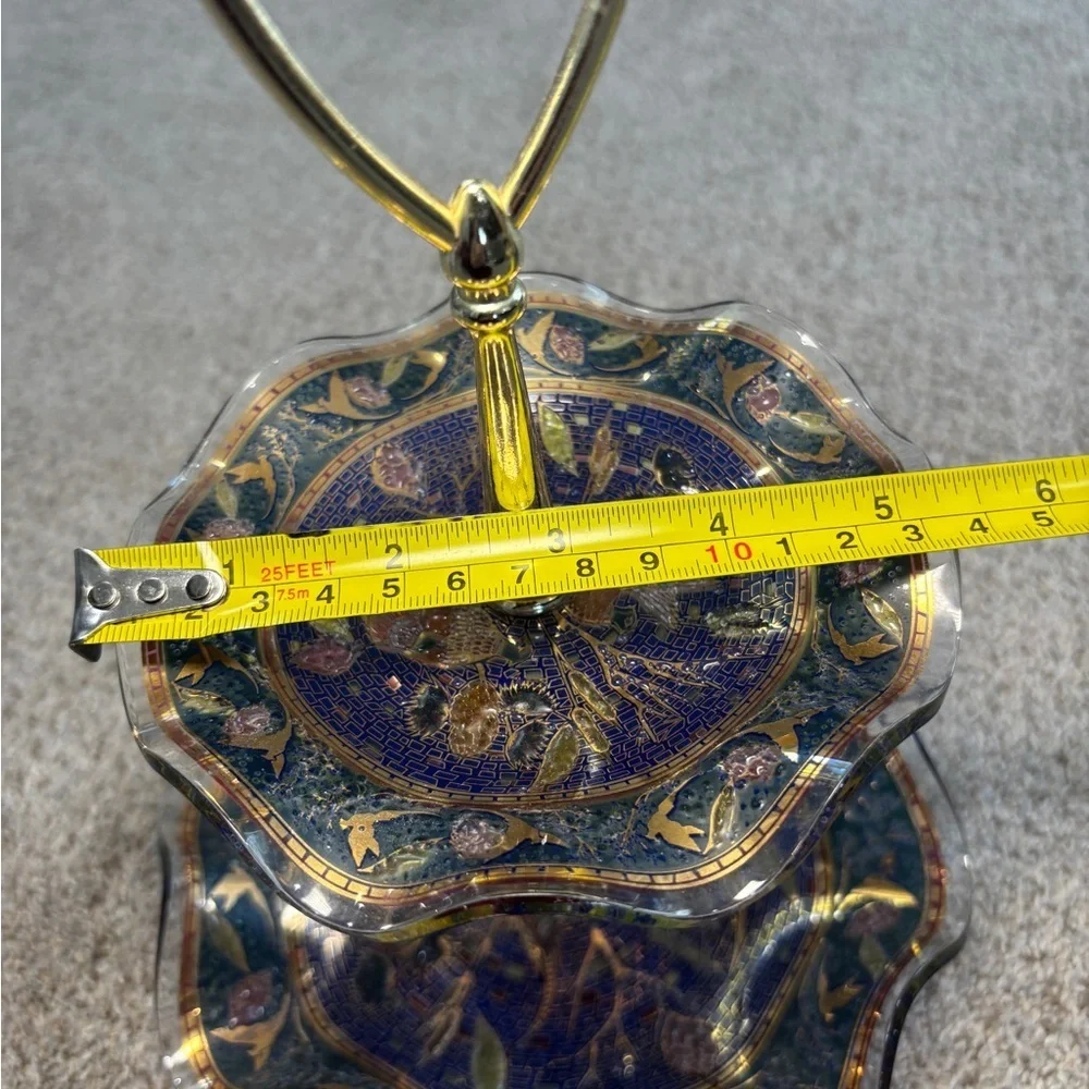 Vintage Dan Baird tiered dessert stand cobalt blue and gold bird motif